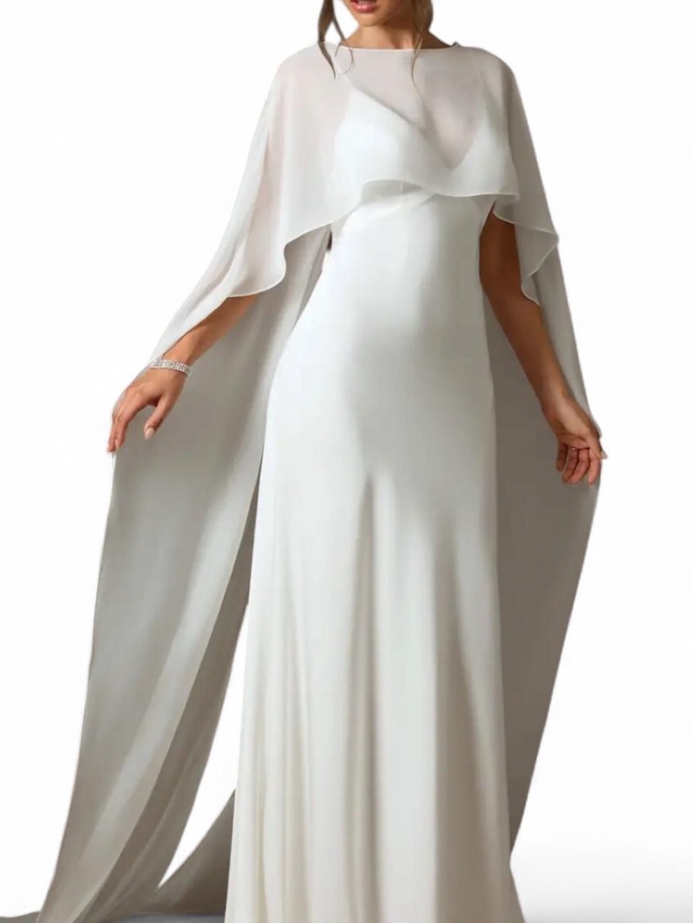 Azazie Caity Fit and Flare Crepe Back Satin Dress with Cape